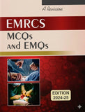 Book cover of 'EMRCS MCQs and EMQs' with medical imagery and text on a red and beige background.