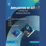 Book cover of 'Application of ICT' with a blue and black design, featuring text and a person using a laptop.