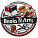 Logo of 'Books N Arts' with books, paint palette, and other art supplies.