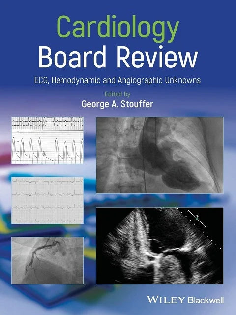 Book cover of 'Cardiology Board Review' with medical images on a blue background