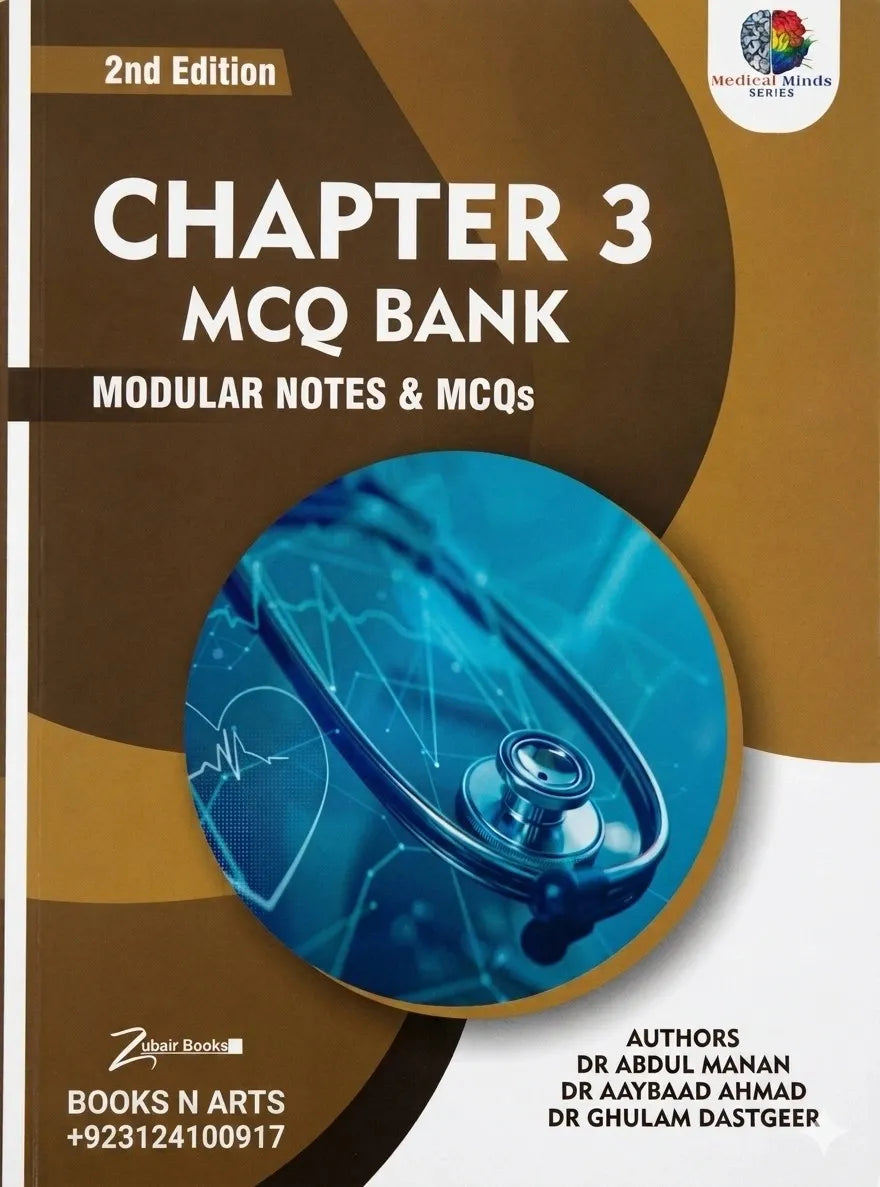 Book cover of 'Chapter 3 MCQ Bank' with a stethoscope illustration on a brown and blue background.