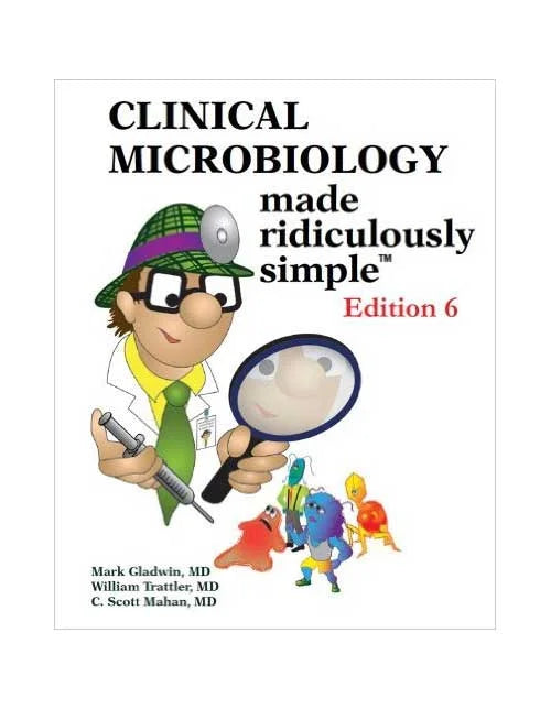 Book cover of 'Clinical Microbiology made ridiculously simple' with a cartoon character holding a magnifying glass.