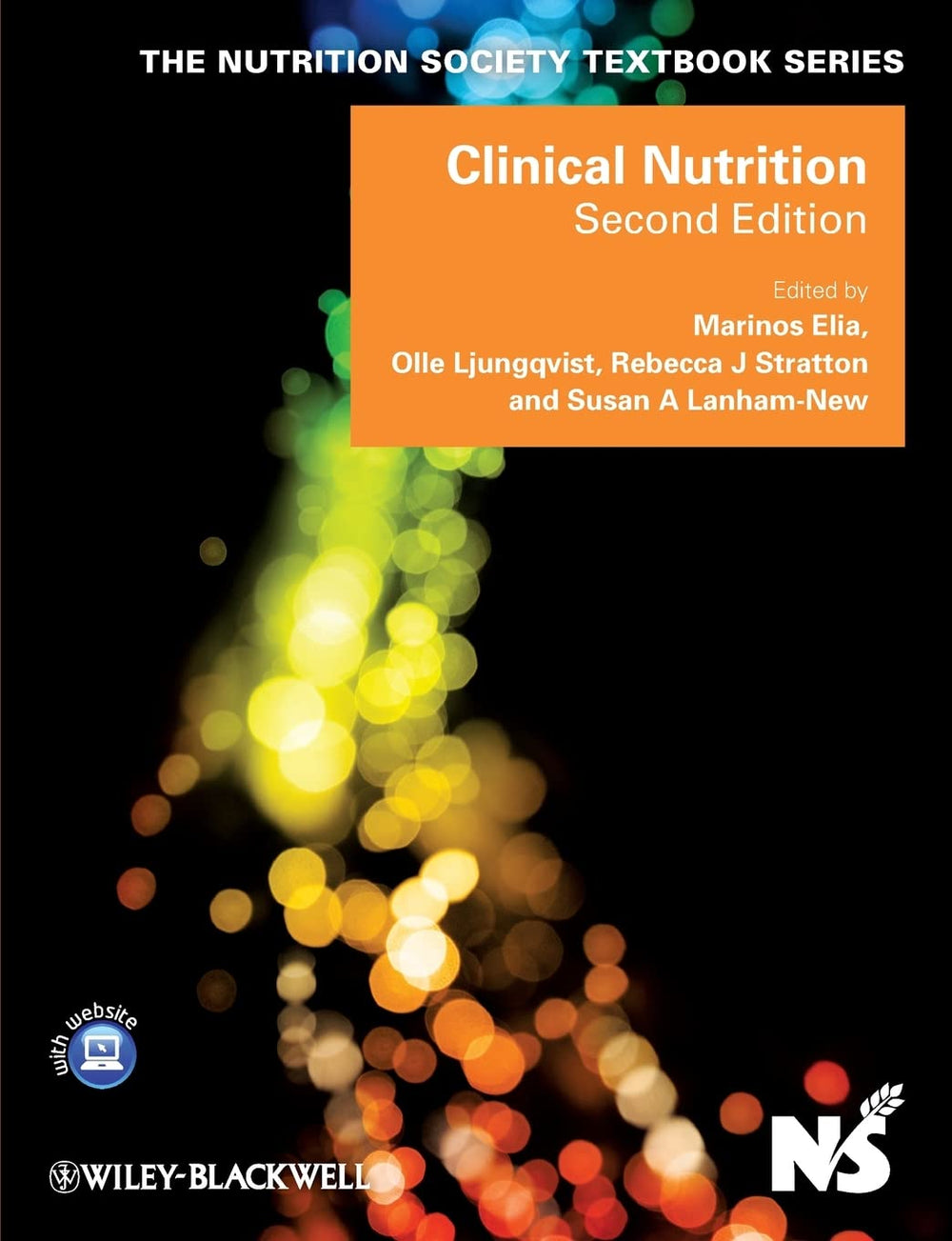 Book cover of 'Clinical Nutrition' with colorful abstract design on a black background