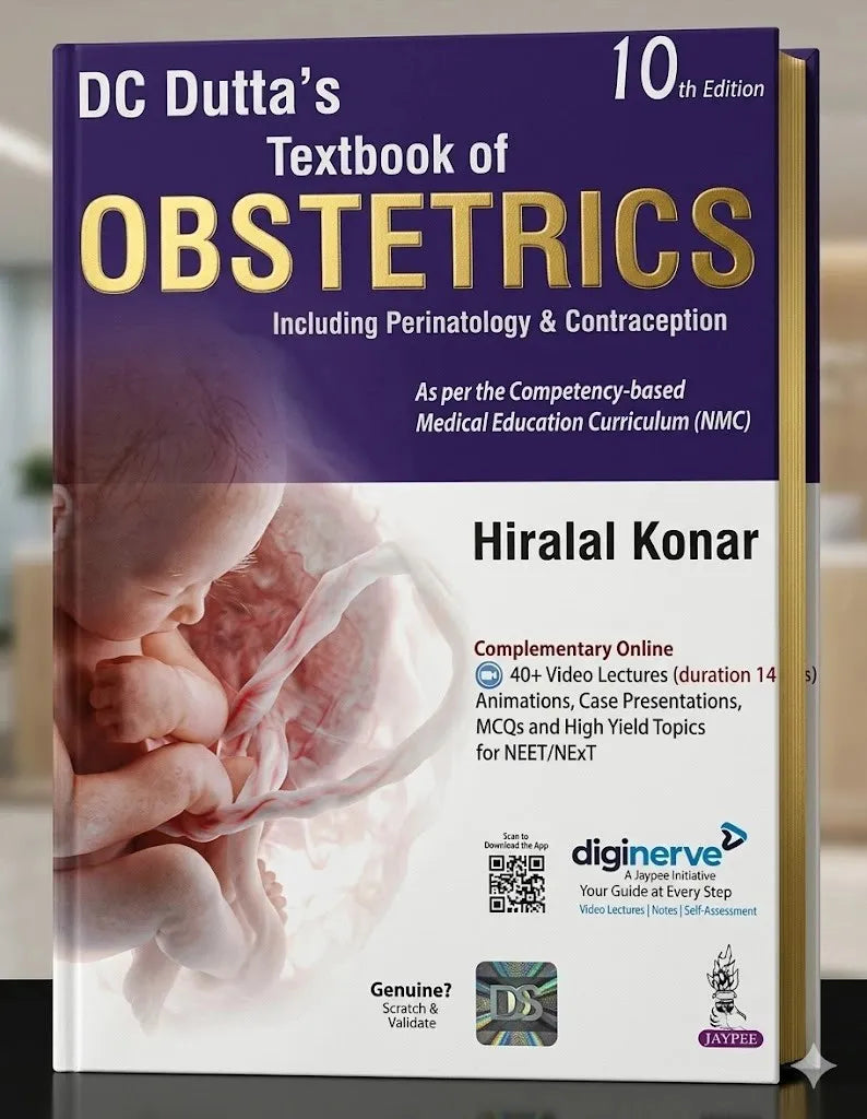 Book titled 'DC Dutta's Textbook of Obstetrics' on a blurred background