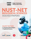 Book cover of 'NUST-NET Biological Sciences Solved Papers' by Dogar Brothers with a person in a lab setting.