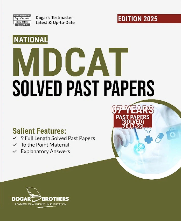 Book cover of 'National MDCAT Solved Past Papers' by Dogar Brothers with text and logo.
