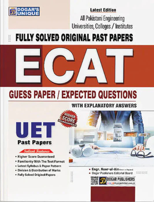 Book cover of ECAT preparation guide with text and images of students and educational materials.