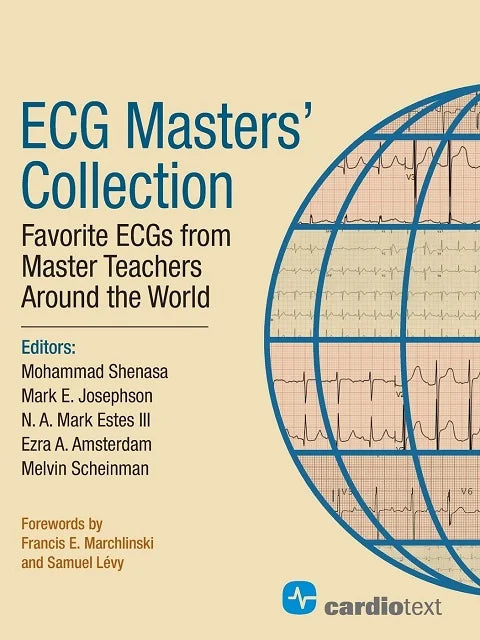Book cover of 'ECG Masters' Collection' with ECG waveforms and CardioText logo.