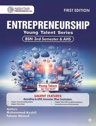 Book cover of 'Entrepreneurship' by Nishtar Publications, featuring a futuristic design and text about BSN 3rd Semester & AHS curriculum.