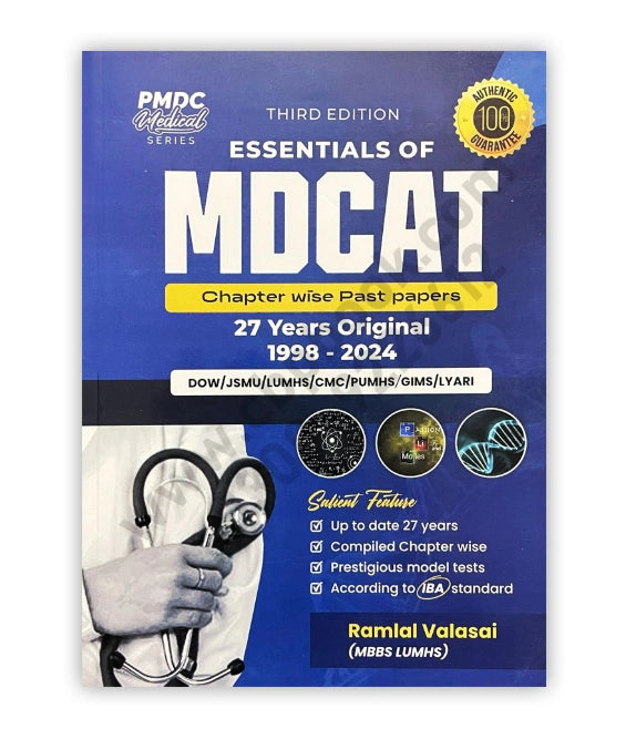 Book titled 'Essentials of MDCAT' with a blue cover and medical theme.