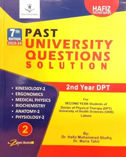Book cover of 'Past University Questions Solution' for 2nd Year DPT, 7th Edition, with Hafiz Helper Series branding.