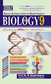Book cover of 'Smart Syllabus Solved Model Papers Biology 9' with a DNA strand and test tube illustration.