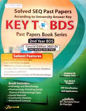 Book titled 'Solved SEQ Past Papers According to University Answer Key KEY TO BDS' with colorful cover design.