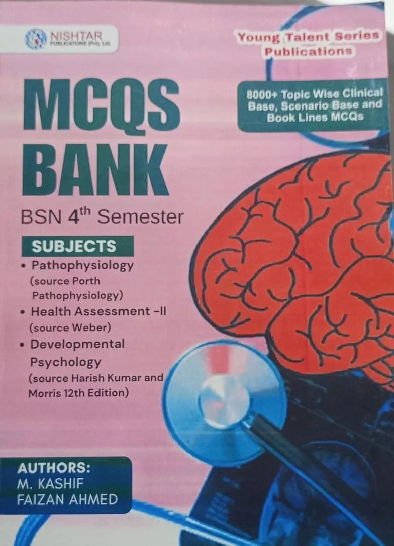 Book cover of 'MCQS Bank BSN 4th Semester' with a brain illustration and Nishtar logo.