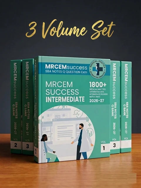 Three books from the MRCEM Success series on a wooden surface with a dark background