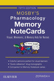Mosby's Pharmacology Memory NoteCards book cover with blue background and cartoon illustration.