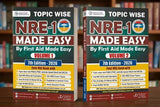 Two books titled 'NRE-1 Made Easy' by First Aid Made Easy on a wooden surface with a blurred bookshelf background.