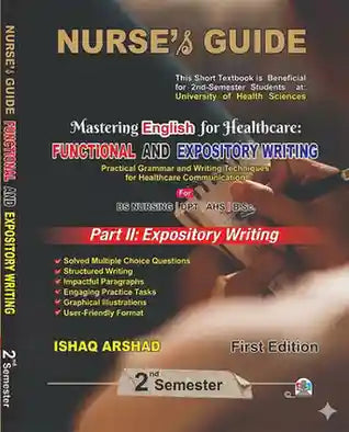 Book titled 'Nurse's Guide' on a dark background with text and a hand holding a pen.