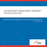 Cover of 'Content Mastery Series Review Module' for Nursing Leadership and Management with ATI logo.