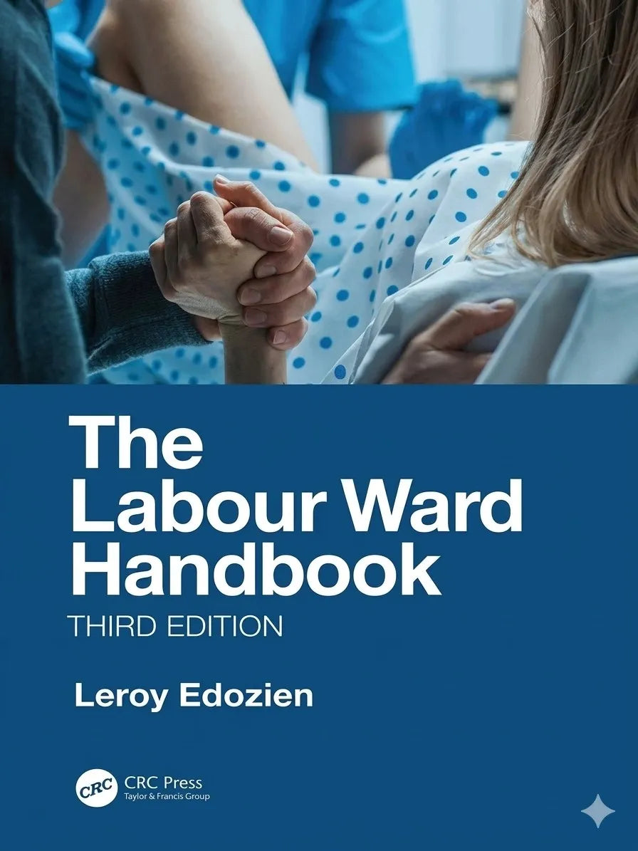 Book cover of 'The Labour Ward Handbook' with a person holding hands in a hospital setting.