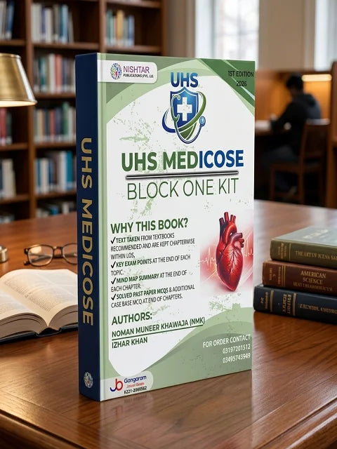 UHS Medicose book on a wooden table with a blurred background of books and a lamp.