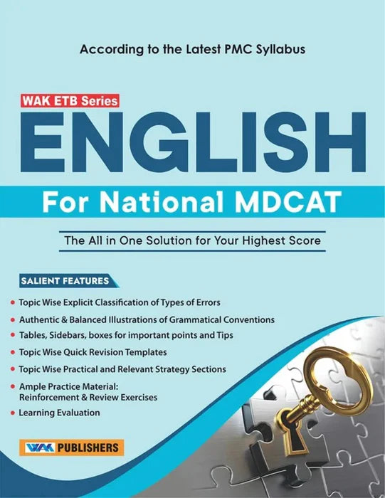 Book cover of 'English for National MDCAT' by WAK Publishers on a blue background