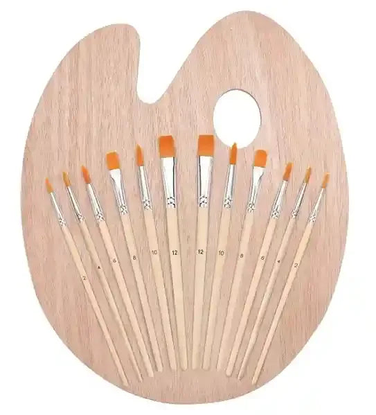 12 PCs Artist Paint Brush with Wooden Colour Palette Mixer Board - BOOKS N ARTS 