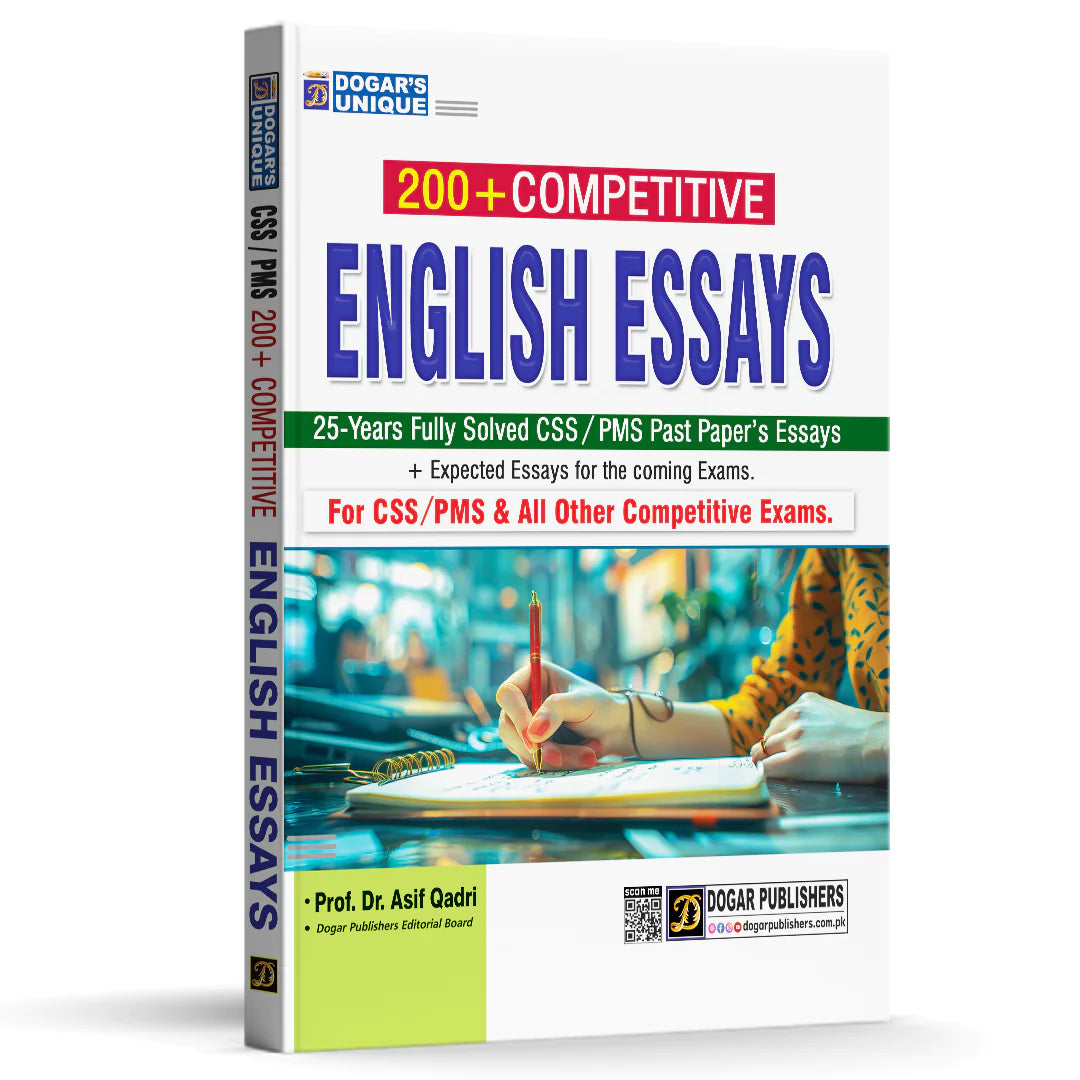 Book titled '200+ Competitive English Essays' with a person writing on a whiteboard in the background.