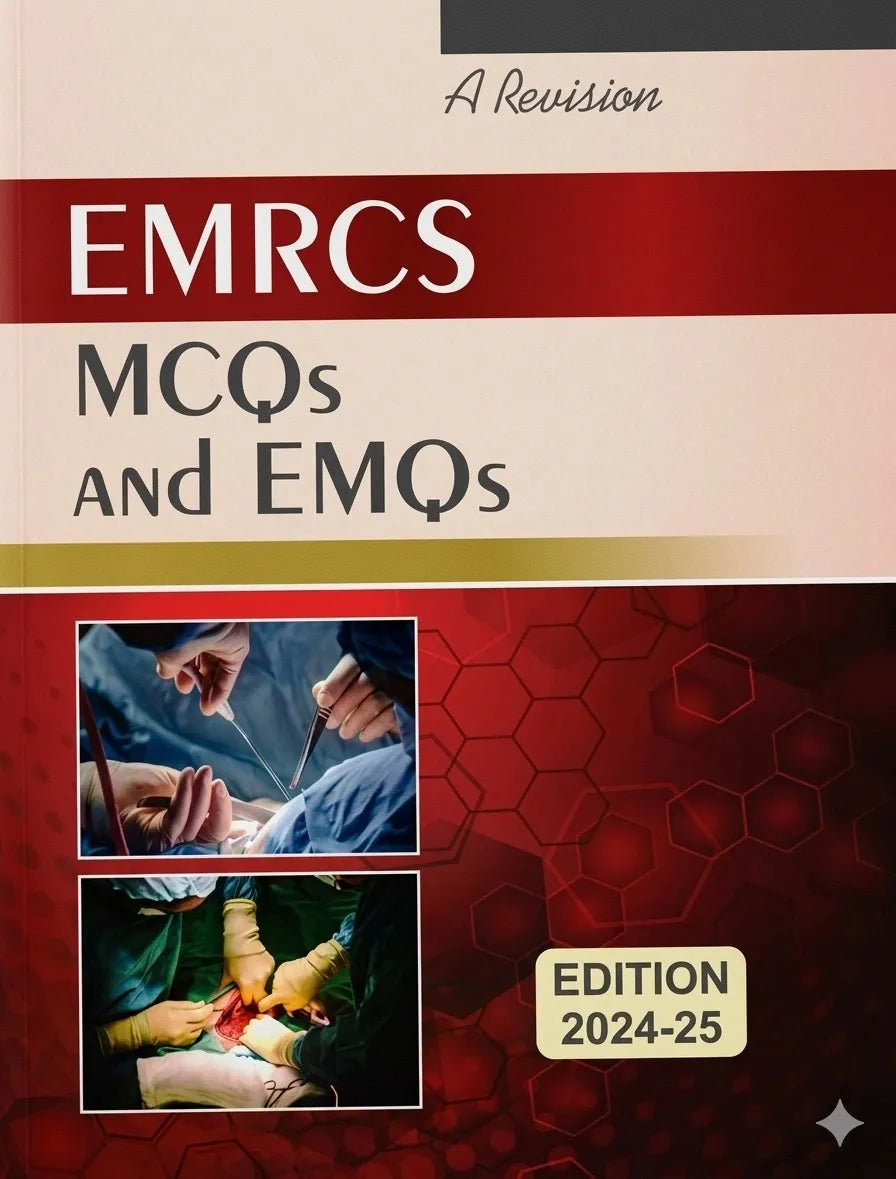 Book cover of 'EMRCS MCQs and EMQs' with medical imagery and text on a red and beige background.