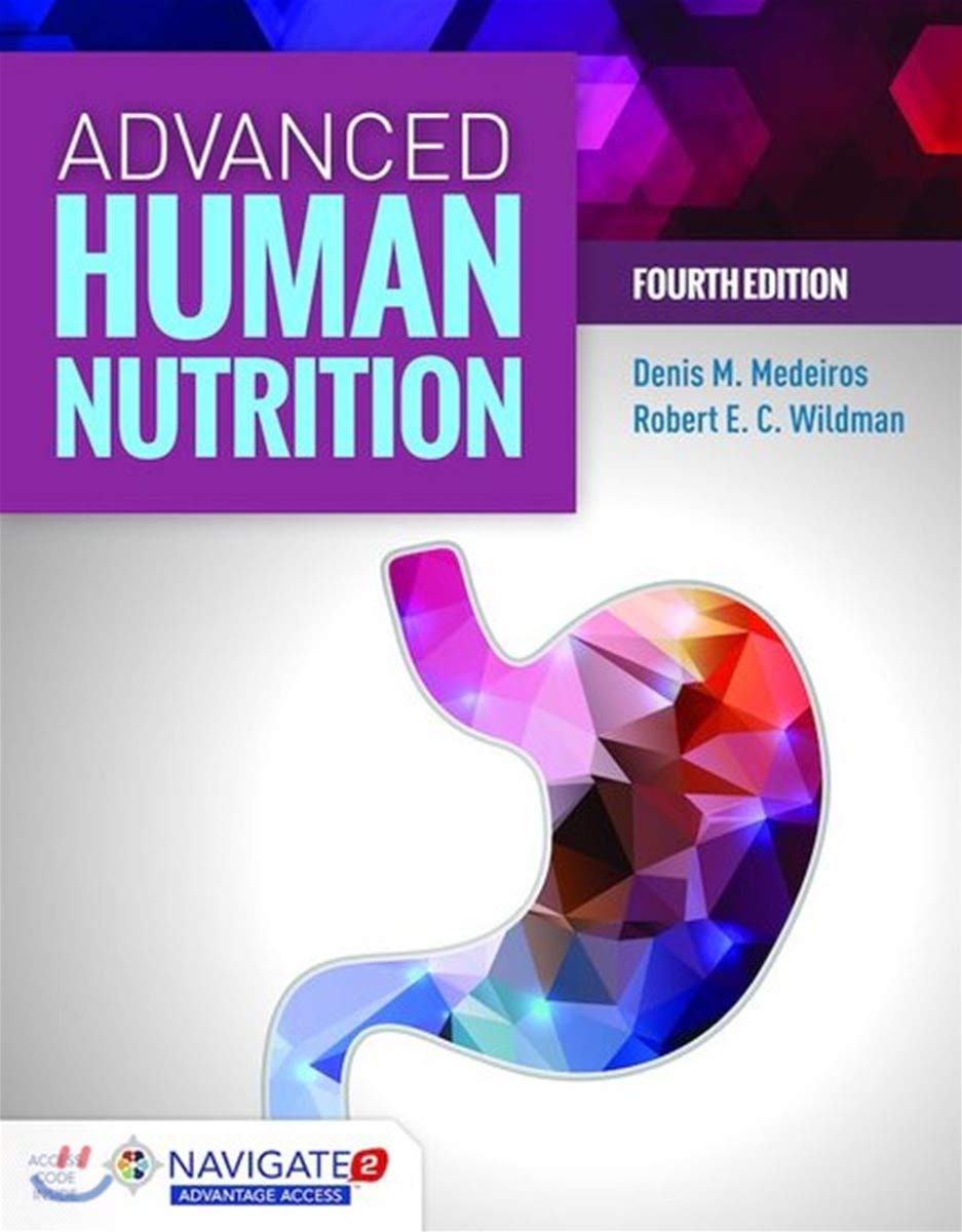 Book cover of 'Advanced Human Nutrition' with colorful illustration of a stomach on a gradient background.