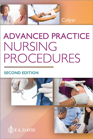 Book cover of 'Advanced Practice Nursing Procedures' with images of healthcare professionals and procedures.