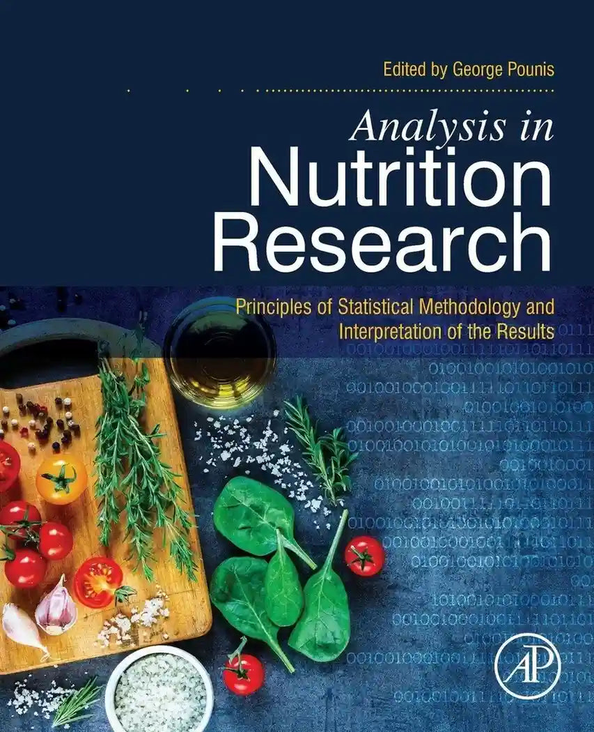Book cover of 'Analysis in Nutrition Research' with a dark blue background and food items on a cutting board.