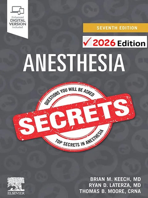 Book cover of 'Anesthesia Secrets' with a red stamp and text on a dark background
