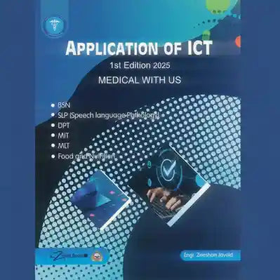 Book cover of 'Application of ICT' with a blue and black design, featuring text and a person using a laptop.