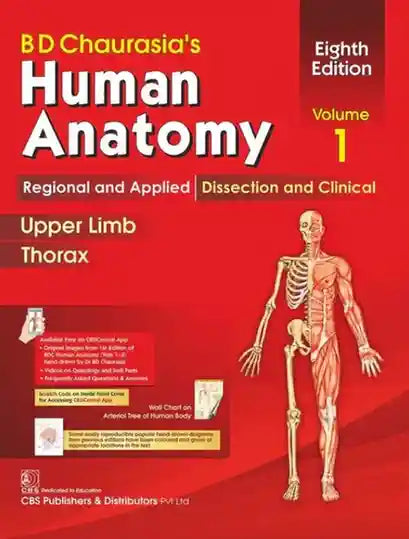 Book cover of BD Chaurasia's Human Anatomy, Volume 1 on a red background with a skeleton illustration.