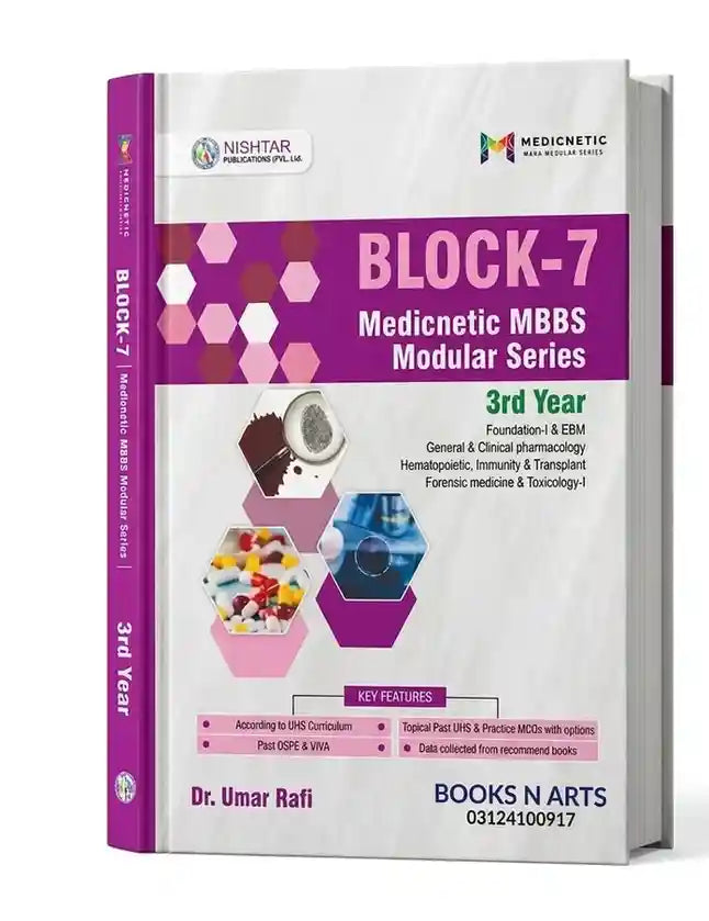 Book titled 'BLOCK-7 Medicinetic MBBS Modular Series' on a white background