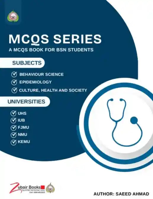 Book cover of 'MCQS SERIES' for BSN students with a stethoscope icon on a blue and white background.