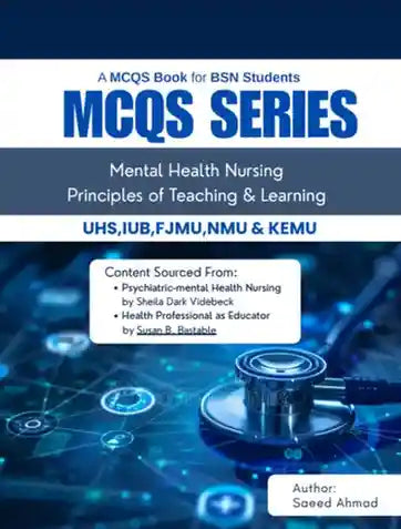 Book cover of 'MCQS Series' for BSN students on mental health nursing with a stethoscope graphic.