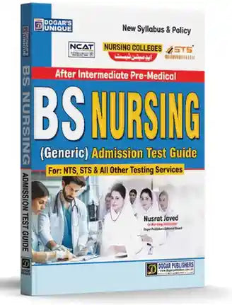 Book titled 'BS Nursing Admission Test Guide' on a white background