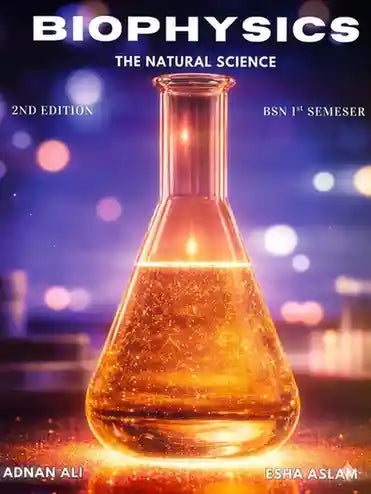 Book cover of 'Biophysics: The Natural Science' with a beaker of liquid on a blurred cityscape background.