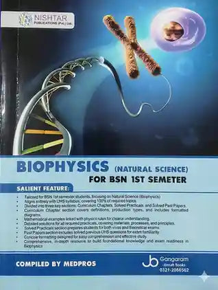 Book cover of 'Biophysics' for BSN 1st semester by Nishtar Publications, featuring a DNA double helix and chromosome illustration.