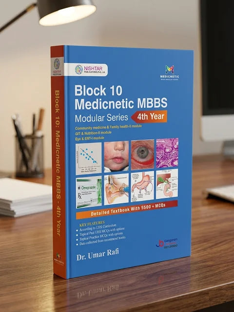 Book titled 'Block 10 Medicnetic MBBS Modular Series 4th Year' on a wooden surface with a blurred background.