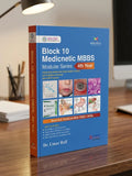 Book titled 'Block 10 Medicnetic MBBS Modular Series 4th Year' on a wooden surface with a blurred background.