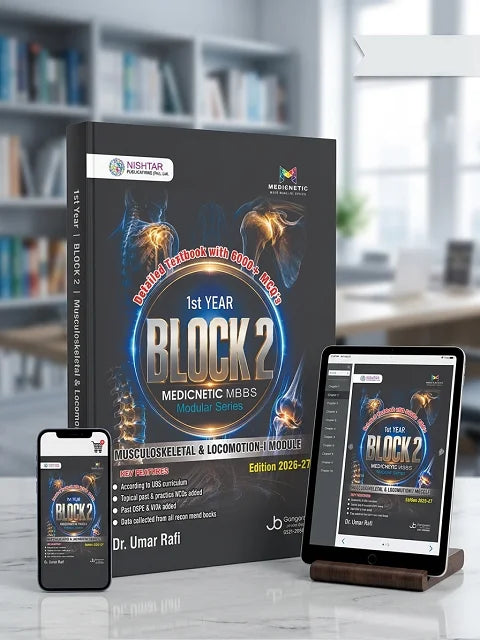 Book titled '1st Year Block 2 Medicnetic MBBS' with digital versions on a tablet and phone in front of a blurred bookshelf.