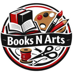 Logo of 'Books N Arts' with books, paint palette, and other art supplies.