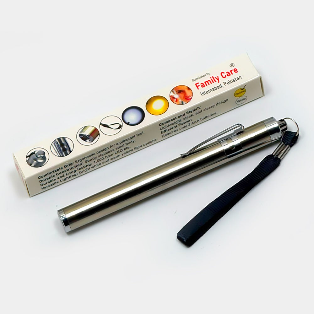 Metallic pen with black clip on a white background, next to 'Family Care' branded box.
