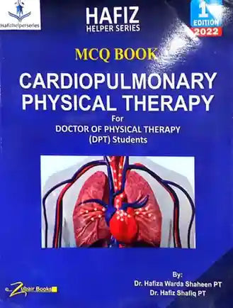 Book cover of 'Cardiopulmonary Physical Therapy' MCQ book for DPT students with a blue background and medical imagery.