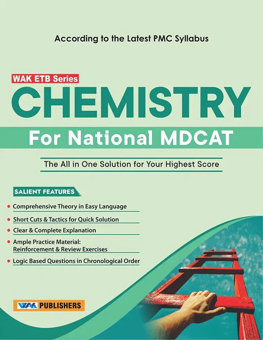 Book cover of 'Chemistry for National MDCAT' by WAK ETB Publishers with a ladder and hand on a green background.