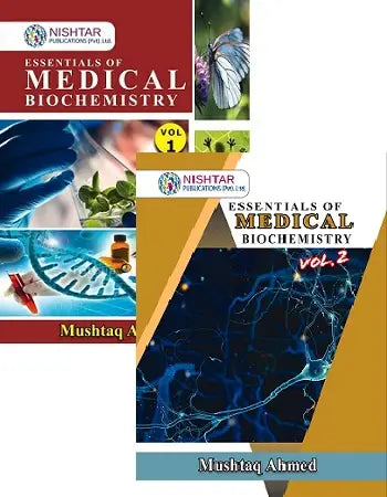 Two books titled 'Essentials of Medical Biochemistry' by Nishtar Publishing, with colorful covers and images related to biochemistry.