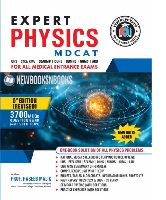 Book cover of 'Expert Physics MDCAT' for medical entrance exams with a physics-themed design.